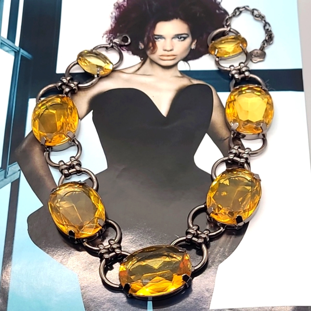 Vintage Signed RJ Graziano Citrine Crystal Gunmetal Couture Choker Necklace